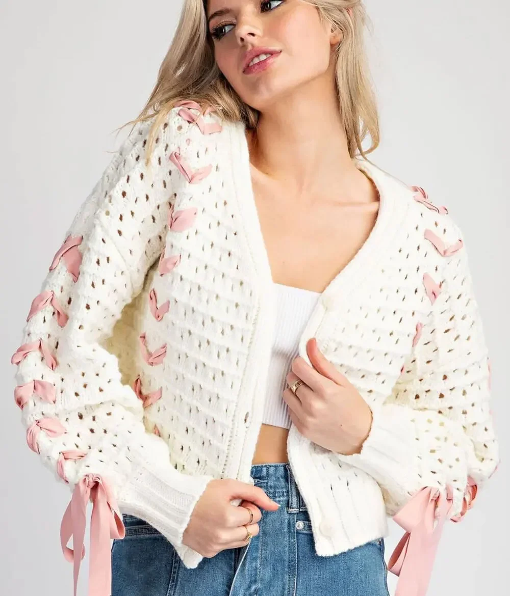 Eesome White Lace Crochet Cardigan Sweater Womens S Pink Ribbon NEW Boho